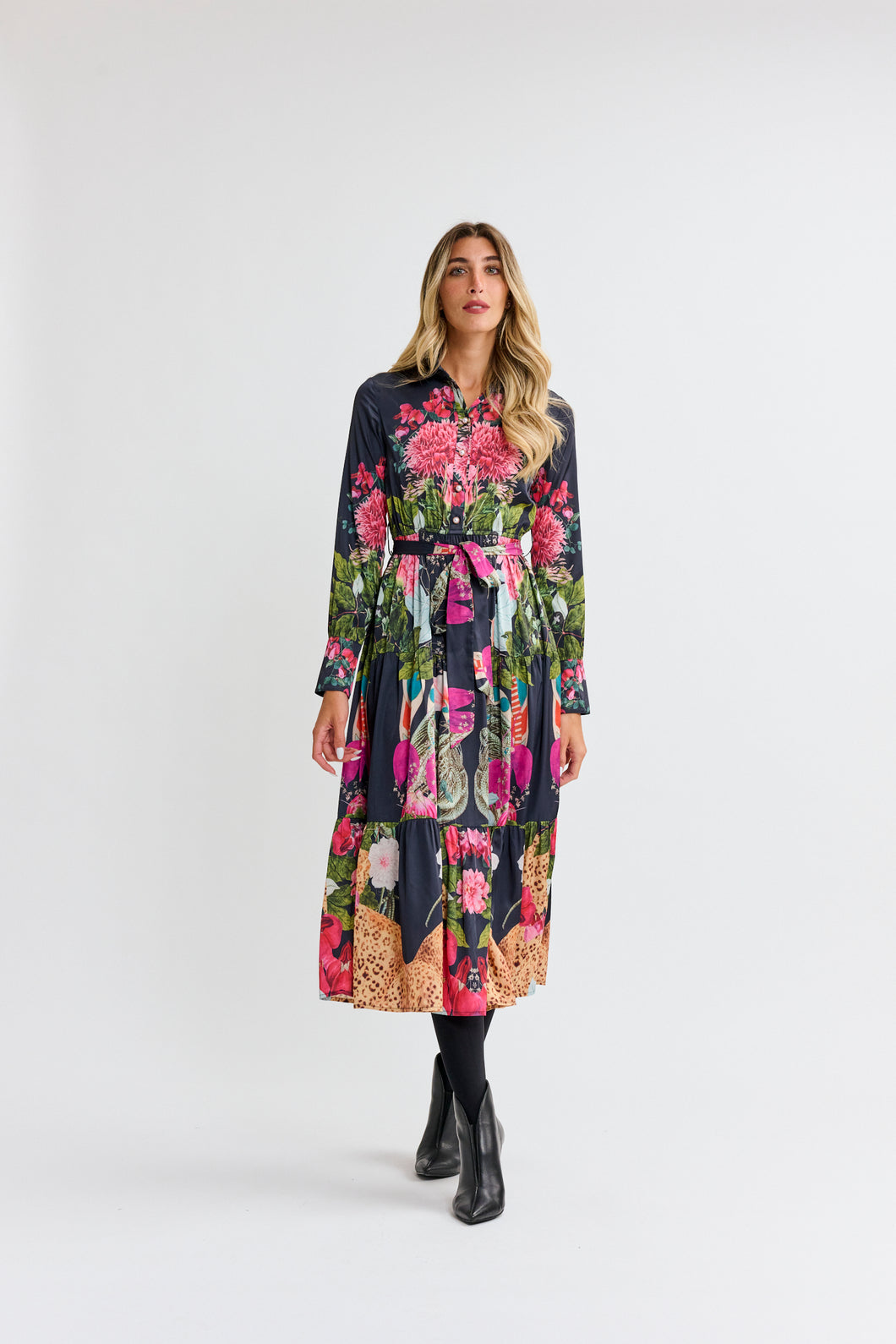 MW Black Satin w Vivid Floral Dress 074132
