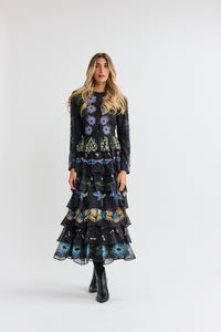 MW Black Chiffon w Floral Ruffled Dress 074137