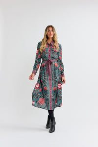 MW Soft Green w Mauve Apricot Floral Dress 074142