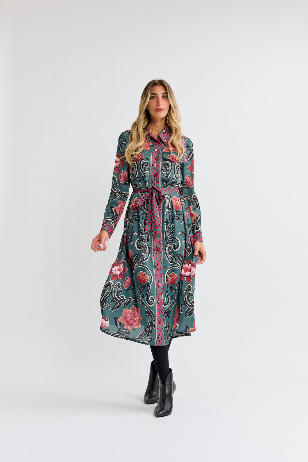MW Soft Green w Mauve Apricot Floral Dress 074142