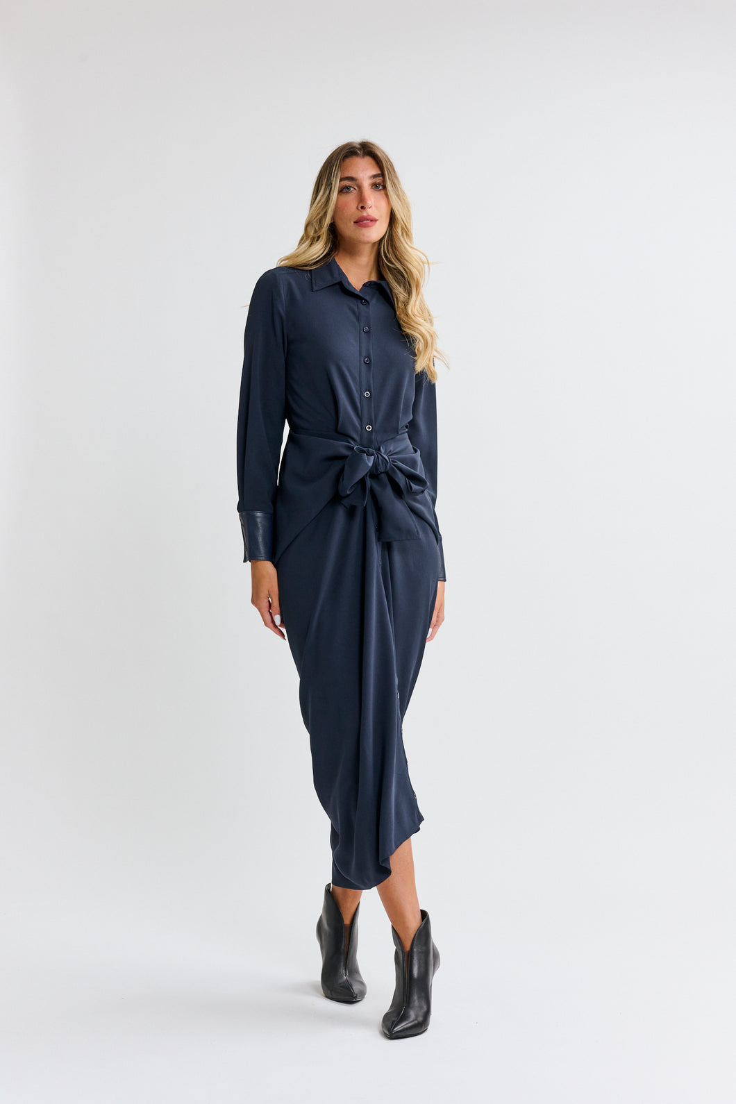 MW Navy Chiffon Collared Tie Waist Dress 074153
