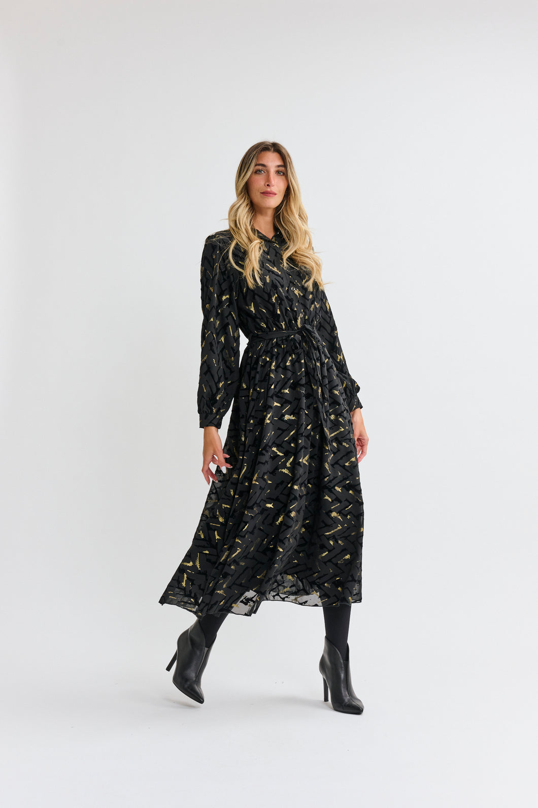 MW Black Chiffon w Gold Velvet Splatter Dress 074403