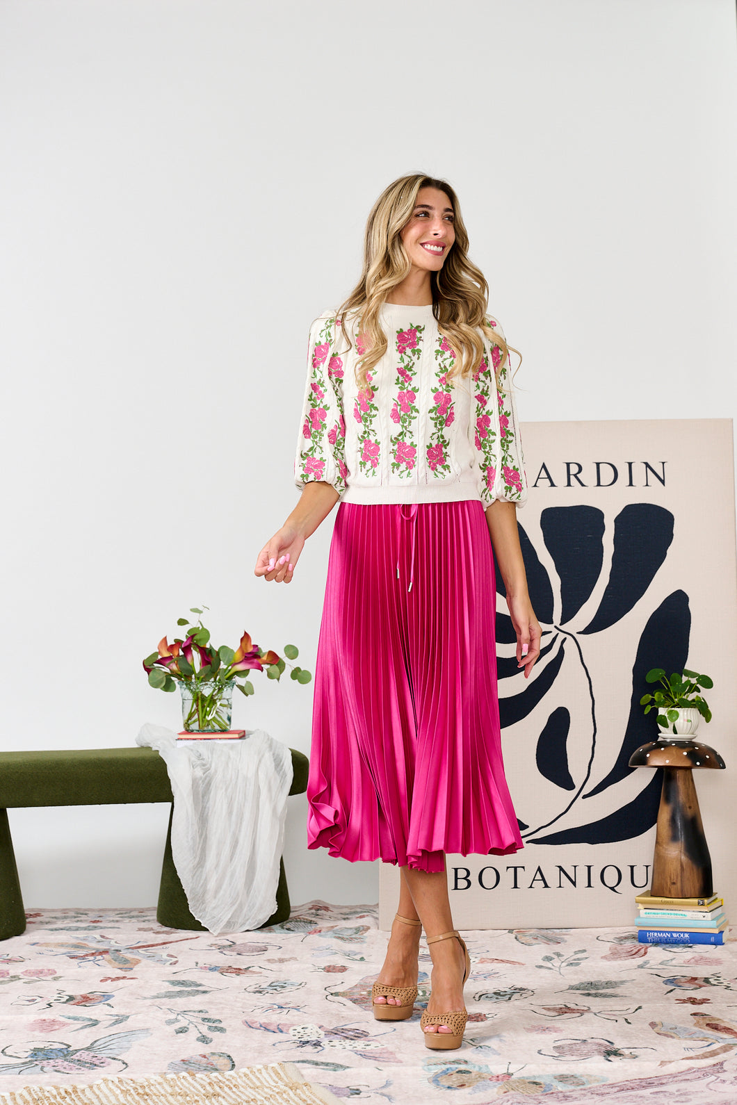 MW Fuschia Satin Pleated Skirt w Drawstring 333607