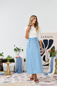 MW Lt Blue Denim Skirt w Double Row of Buttons 333692