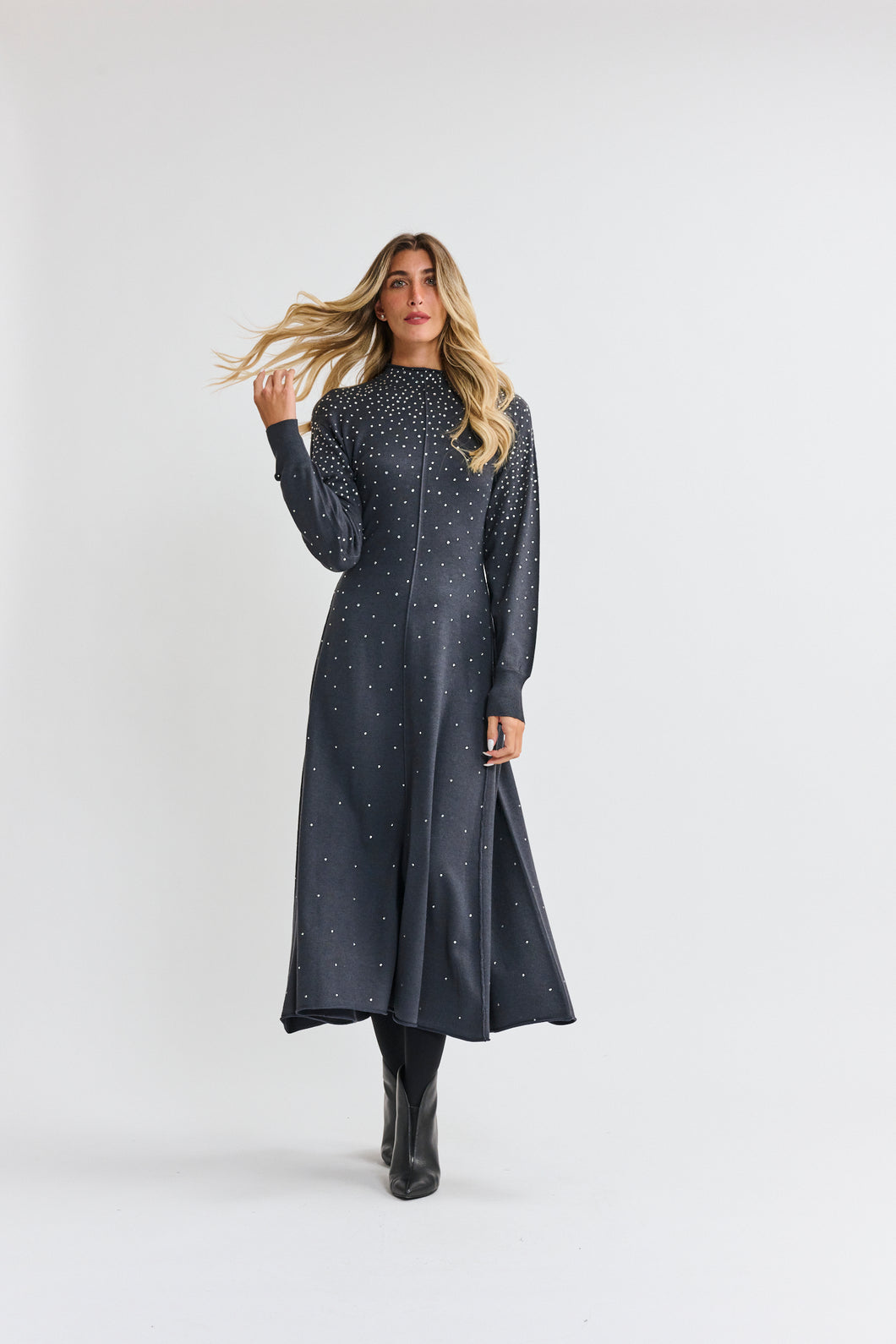 MW Dark Grey Knit A-Line Rhinestones Dress 333916