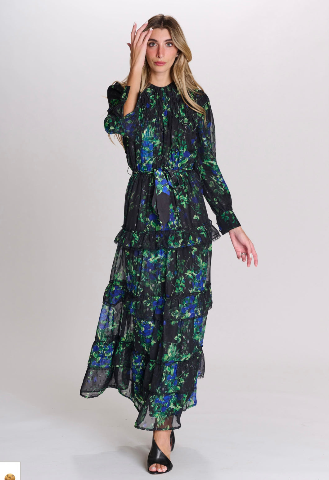 MW Black Chiffon W Blue/Green Floral Dress 332261