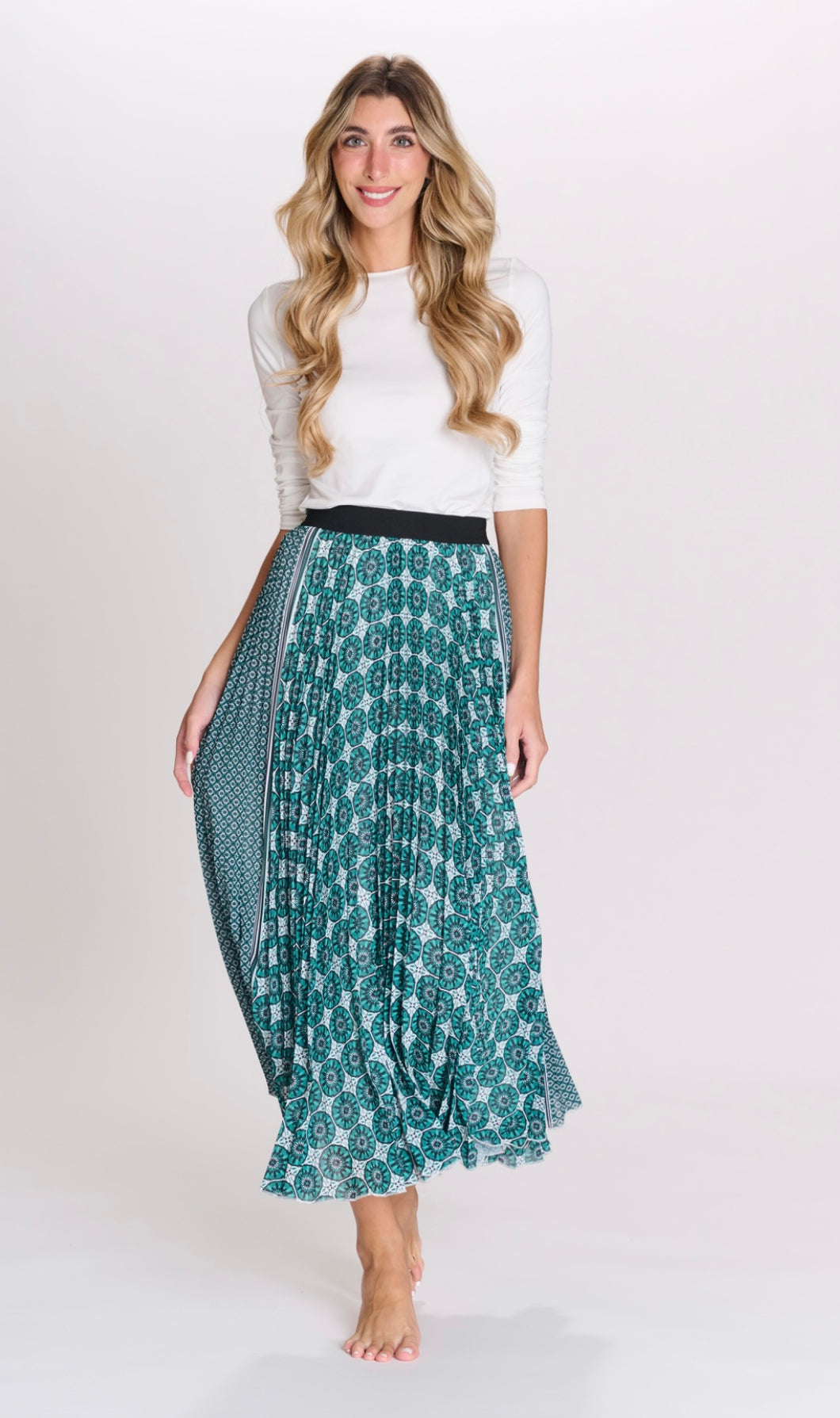 MW Green Printed Pleated Skirt 332327