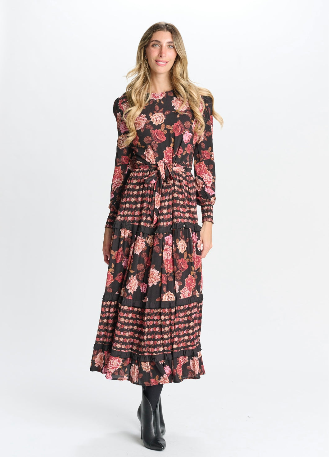 MW BLACK COTTON W/ PINK BROWN FLORAL DRESS 333002