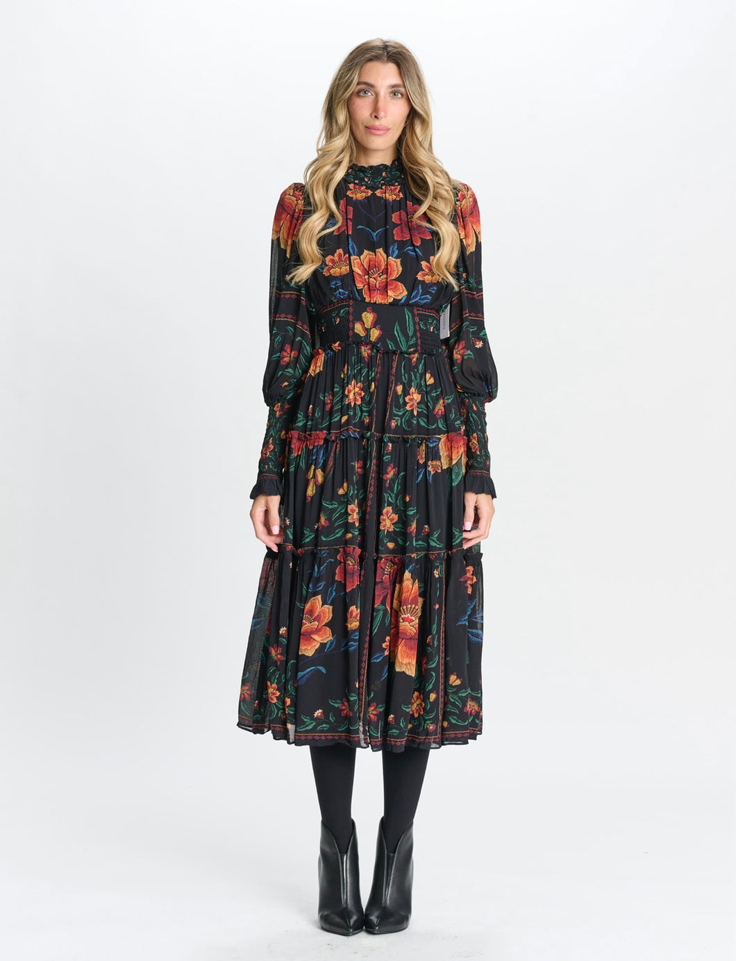 MW BLACK CHIFFON W/ BRIGHT PRINTED FLORAL DRESS 332969