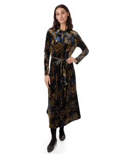 Luella Navy Velvet Mustard Flower Printed Shirt Dress