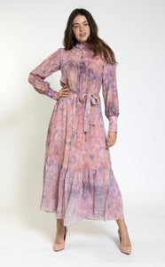 Luella Pink Print Dress w Pleated Sleeve
