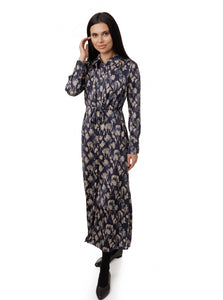 Luella Navy Abstract Flower Printed Tie Waist Shirt Dress