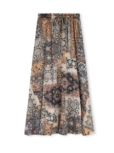 Mixed Print Maxi Skirt w Drawstring Waist