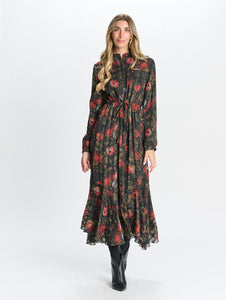 MW Black Chiffon w Red Floral Gold Shimmer Dress 333013