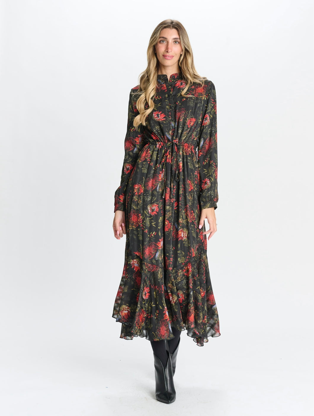 MW Black Chiffon w Red Floral Gold Shimmer Dress 333013