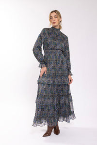 O&E Ruffle Bottom Printed Chiffon Dress