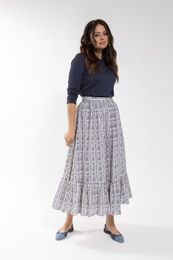 O&E Striped Floral Drop Ruffle Skirt