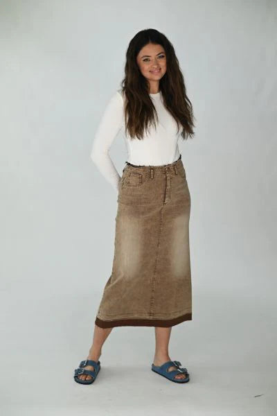 O&E A-Line Washed Stretch Denim Skirt